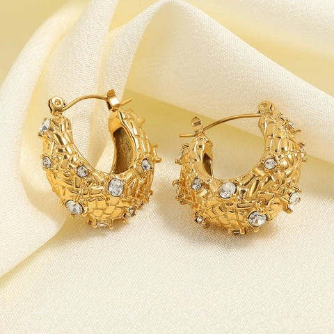 Rakol Fashion Onregelmatige Micro Ingelegde Zirconia Creolen Voor Dames Verguld Koper Geometrische Gevlochten Textuur Sieraden Cadeau