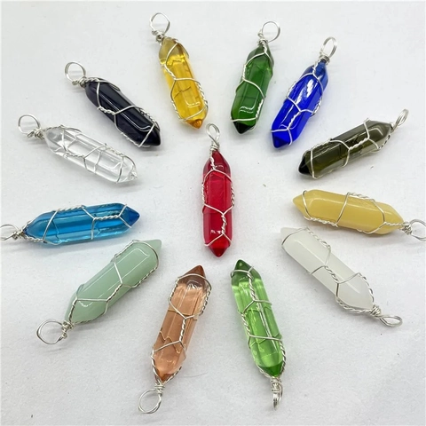 Zeshoekige Kristalpunt Hanger Natuursteen Draad Omwikkeld Genezing Kolom Voor Sieraden Maken DIY