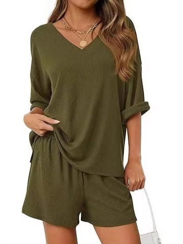 Damen Casual Einifarbig Kurzarm T-Shirt Und Shorts Zweiteiliges Set V-Ausschnitt Gerippt Strick Pullover Oberteil Und Hose Outfit