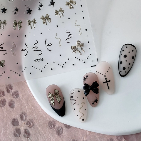 Stickers Ongles Relief 3D Nœud Croix Étoiles Ultra Mince Autocollant Gothique DIY Manucure Decals