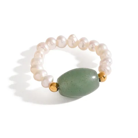 18K Gold Plated Stainless Steel Freshwater Pearl Green Aventurine Beaded Stretch Ring Elegant Fashion Jewelry For Women