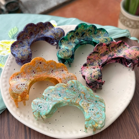Vintage Hair Claw Clip Acetate Marble Pattern Chinese Style Cloud Rhinestone Large Shark Clip For Women Elegant Accessory