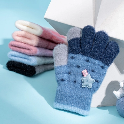 Guanti In Maglia Per Bambini Spessi Caldi Invernali Muffole A Cinque Dita Con Toppa A Stella Per Ragazzi Ragazze