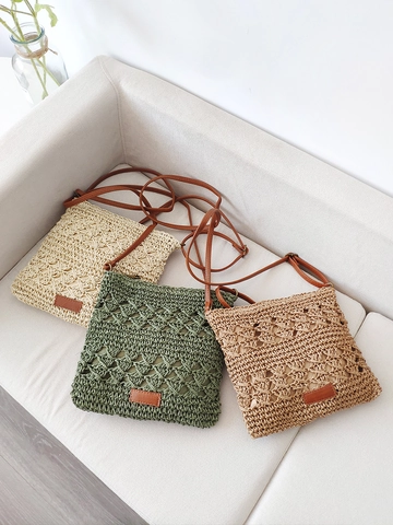 Handmade Woven Paper Rope Crossbody Bag With PU Leather Strap Hollow Out Summer Beach Vacation Shoulder Purse For Women