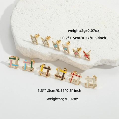 Lightning Geometric Stud Earrings Copper Colorful Enamel Zircon Unique Jewelry Women Dainty Minimalist Accessories Gift