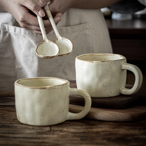Taza Da Caffè In Ceramica Fatta A Mano Con Cucchiaio Tazza In Porcellana Opaca Vintage Stile Retrò Con Macchie