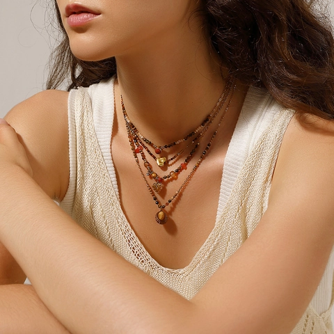 Bohemian Natural Stone Beaded Necklace For Women 304 Stainless Steel Gold Plated Heart Sun Pendant Clavicle Chain Jewelry
