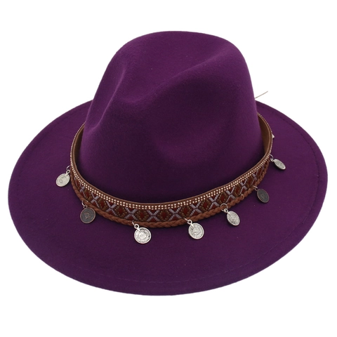 Bohemian Fedora Hat Wide Brim Ethnic Pattern Band Silver Coin Charms Vintage Jazz Cap For Stage Travel