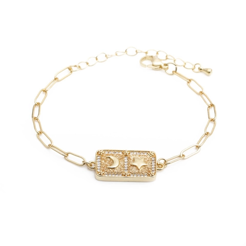 Bracciale Hip Hop Con Zirconi Rame Placcato Oro Catena A Graffetta Fulmine Luna Croce Gioielli Per Donne