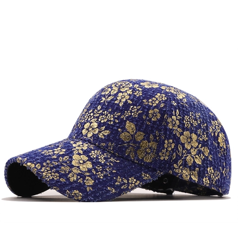 Baseball Kappe Damen Baumwolle Tweed Goldene Blumenmuster Retro Vintage Elegant Verstellbar Outdoor Sonnenhut