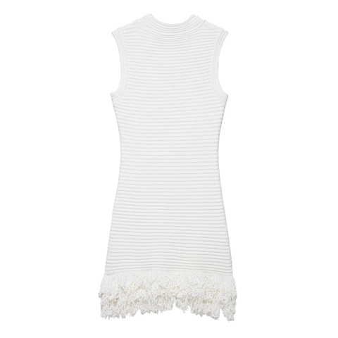 Weißes Ärmelloses Strickkleid Rundhalsausschnitt Rippstrick Quasten Fransen Saum Elegant Chic Sommer Party Mini Kleid