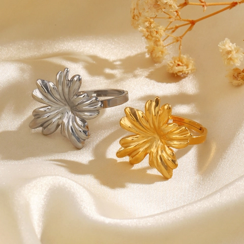 Blumenring Damen 3D Floral 18K Vergoldeter Edelstahl Verstellbarer Offener Ring Französische Retro Mode