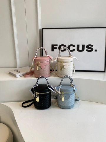 Woven Bucket Bag PU Leather Cylinder Shoulder Crossbody Bag With Satin Scarf Handle Golden Lock Elegant For Women