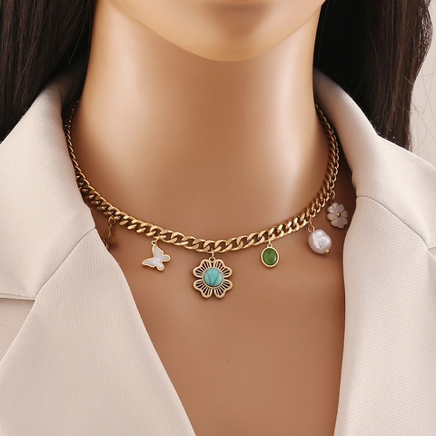 Collana con Pendenti Multipli in Acciaio Inossidabile per Donna Placcato Oro Vintage Floreale Farfalla Cuore Perla Artificiale Strass