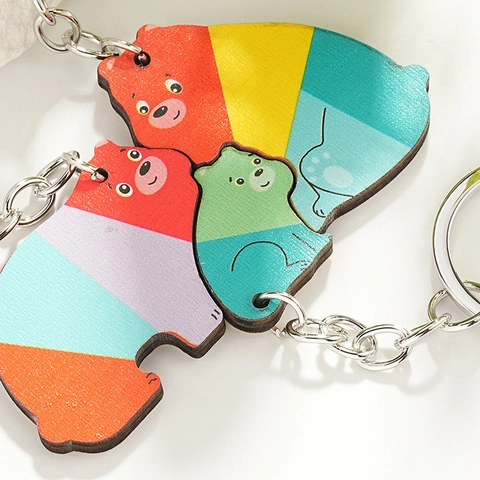 Lindo Dibujo Animado Animal Familia Rompecabezas Llavero de Madera Koala Gato Oso Perro Pingüino Dinosaurio Jirafa Zorro Mochila Amuleto Colgante Regalo Decorativo