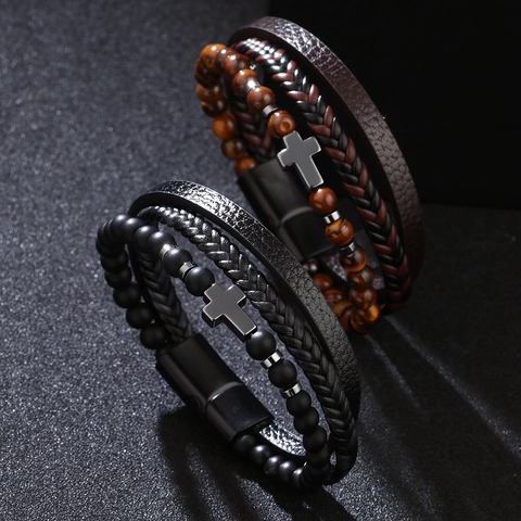 Multilayer Bracelet PU Leather Tiger Eye Natural Stone Alloy Cross Pendant Vintage Braided Jewelry Magnetic Clasp