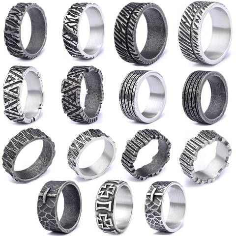 Anillo Vikingo De Acero Inoxidable Retro Oxidado Rayas Verticales Textura Corteza Árbol Punk Gótico Para Hombres Mujeres