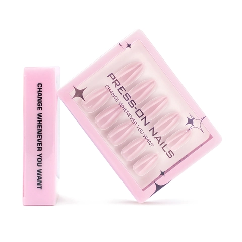 Uñas Postizas Rosa Claro Brillante Forma Almendra Larga Color Sólido Textura Gelatina Uñas Portables Para Mujeres
