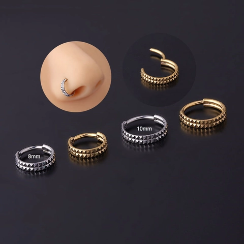 Stainless Steel Nose Ring Hoop Double Row Geometric Pyramid Texture Hinged Seamless Segment Piercing Jewelry Unisex