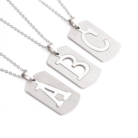 Collier Lettre Initiale Acier Inoxydable Pendentif Rectangulaire Creux Dog Tag Bijoux Minimalistes Pour Hommes Femmes