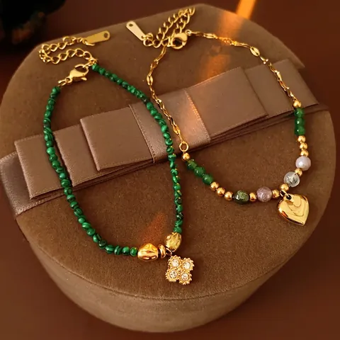 Malachit Perlenarmband Edelstahl Kleeblatt Blume Herz Anhänger Mode Luxus Handschmuck Für Damen