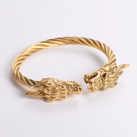 Doppeldrachenkopf Armband 18K Vergoldet Edelstahl Gedrehtes Kabel Offen Verstellbar Punk Vintage Schmuck