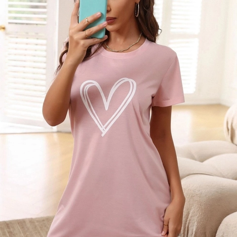 Camicia Da Notte Da Donna A Maniche Corte Con Stampa A Cuore Girocollo Poliestere Elastan Abbigliamento Da Casa Casual