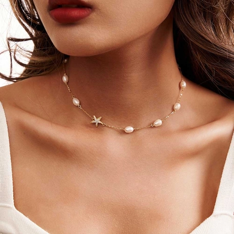 Elegant 925 Sterling Silver Starfish Pendant Necklace Freshwater Pearl Choker For Women French Vintage Marine Style Jewelry