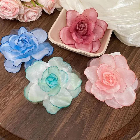 Grande Pince À Cheveux Fleur En Tissu Mesh Organza Forme De Rose Clip Bec De Canard Coiffe Élégante Pour Femmes