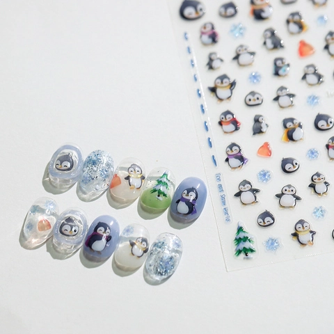 3D Embossed Nail Art Stickers Winter Cute Penguin Snowflakes Self Adhesive PET Jelly Glue Decals DIY Manicure Decoration