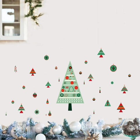 Kerstboom Muurstickers PVC Zelfklevend Verwijderbaar Vensterglas Decals Geometrisch Vakantie Huis Decoratie Groen Rood