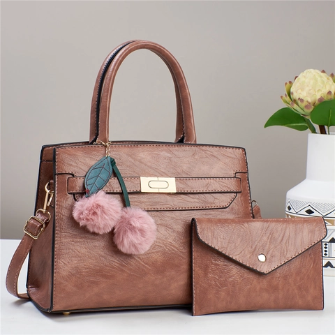 Borsa a Mano in Pelle PU da Donna Borsa Shopper Casual Set Borsa a Tracolla con Pochette e Ciondolo Pompon Minimalista Urbano