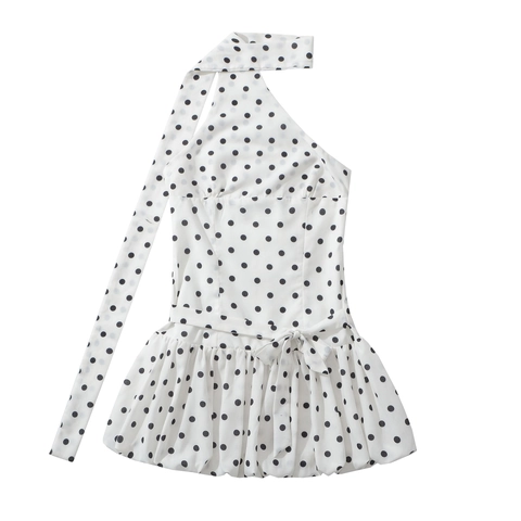 Women One Shoulder Halter Mini Dress Polyester Bow Tie Waist Peplum Ruffle Polka Dot Back Zipper Elegant Party