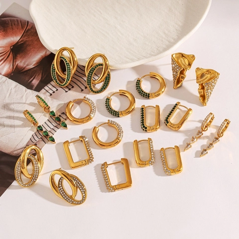 Vintage Stainless Steel 18K Gold Plated Rhinestone Hoop Earrings For Women Geometric Round Green Stone Drop Earrings Jewelry