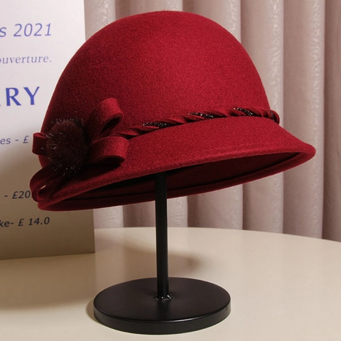 Women Elegant Wool Felt Cloche Hat With Mink Fur Pom Pom And Bowknot Retro Hepburn Style Winter Basin Hat
