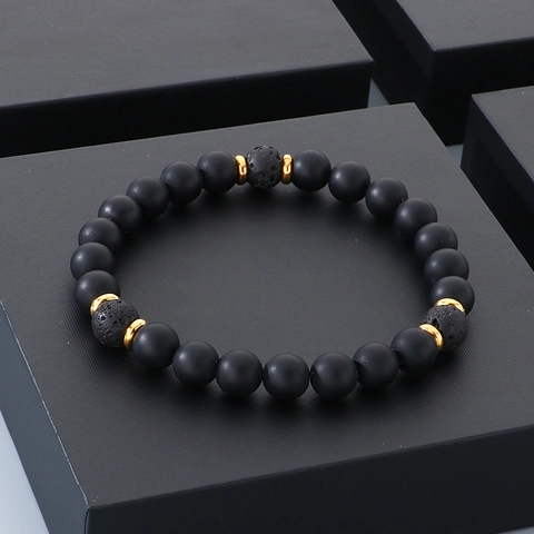 Matte Agate Lava Stone Beaded Bracelet Elastic Alloy Spacers Retro Jewelry Accessory Unisex Hand Chain