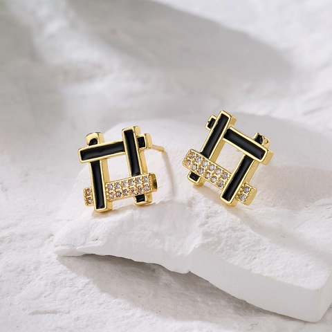 Geometric Stud Earrings 18K Gold Plated Copper With Zircon Enamel Chic Jewelry For Women Niche Design