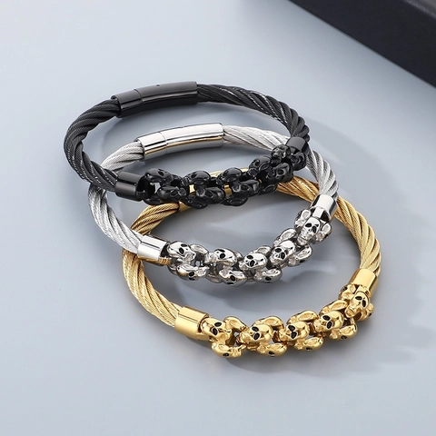 Skull Bangle Bracelet Stainless Steel Wire Cable Punk Gothic Jewelry For Men