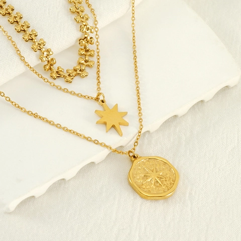 Multi-Layer-Halskette 18K Vergoldeter Edelstahl Hexagramm Achtzackiger Stern Münzanhänger Herz Kette Vintage Trendy Für Damen