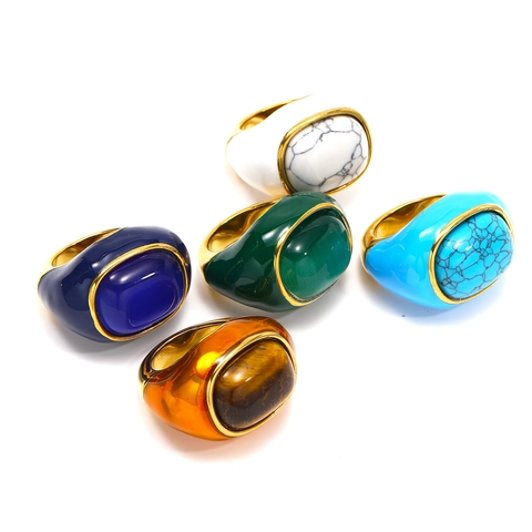 Vintage Statement Ring Titanium Steel 18K Gold Plated Enamel Inlaid Natural Stone Bohemian Oversized Cocktail Jewelry Women