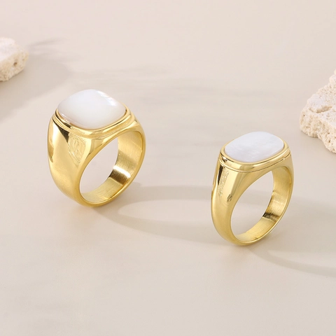 Anillo De Acero Inoxidable Con Incrustación De Nácar Blanco Chapado En Oro De 18K Minimalista Estilo Sello Vintage