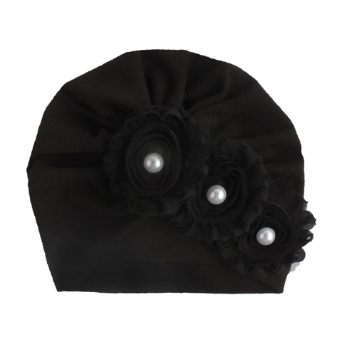 Baby Girl Turban Hat With Three Flowers Artificial Pearl Soft Elastic Infant Beanie Headwrap For Newborn Toddlers Accessories