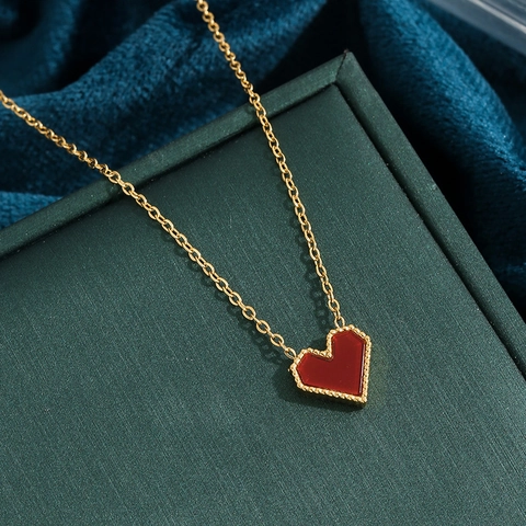 Collier Pendentif Cœur Acier Inoxydable Plaqué Or Émail Rouge Minimaliste Français Bijoux Élégants Pour Femmes