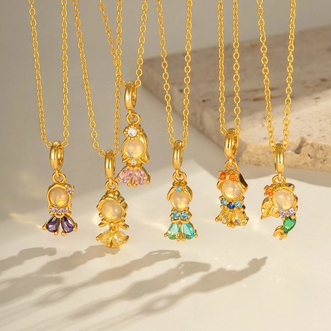 Fairy Tale Princess Mermaid Pendant Necklace Copper Colorful Zircon Moonstone Effect Fashion Jewelry For Women