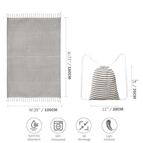 Turkish Cotton Beach Towel Striped Peshtemal Bath Towel With Tassels And Drawstring Bag Quick Dry Absorbent Breathable