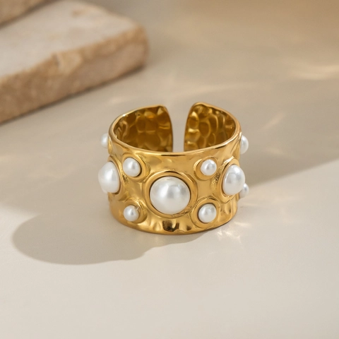 Hammered Texture Wide Open Ring 304 Stainless Steel With Imitation Artificial Pearls Gold Plated Waterproof Jewelry For Women