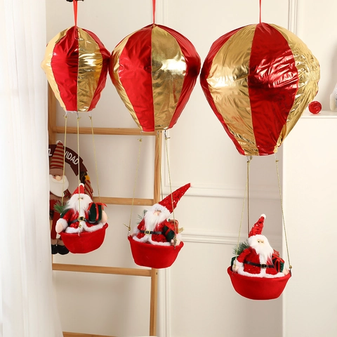 Christmas Santa Claus Hot Air Balloon Hanging Decoration Red Gold Fabric Holiday Party Home Ceiling Decor Ornaments