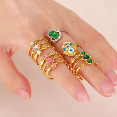 Vintage Edelstahl Offener Ring Für Damen Mehrlagig Vergoldet Hand Der Fatima Böser Blick Strass Eingelegt Verstellbarer Ring Schmuck