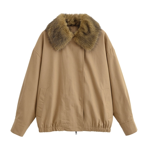 Damen Khaki Jacke Mit Abnehmbarem Kunstpelzkragen Polyester Langarm Reißverschluss Bomber Style Casual Streetwear Outerwear