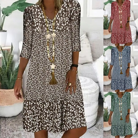 Women's Elegant V-Neck Middle Sleeve Midi Dress Vintage Floral Print Summer Casual Ditsy Print Polyester Slim Fit Dress